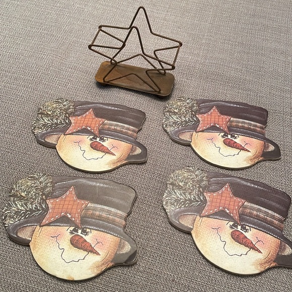 Snowmen Coaster Set of 4 with Metal Star Holder Winter Christmas - Picture 7 of 11